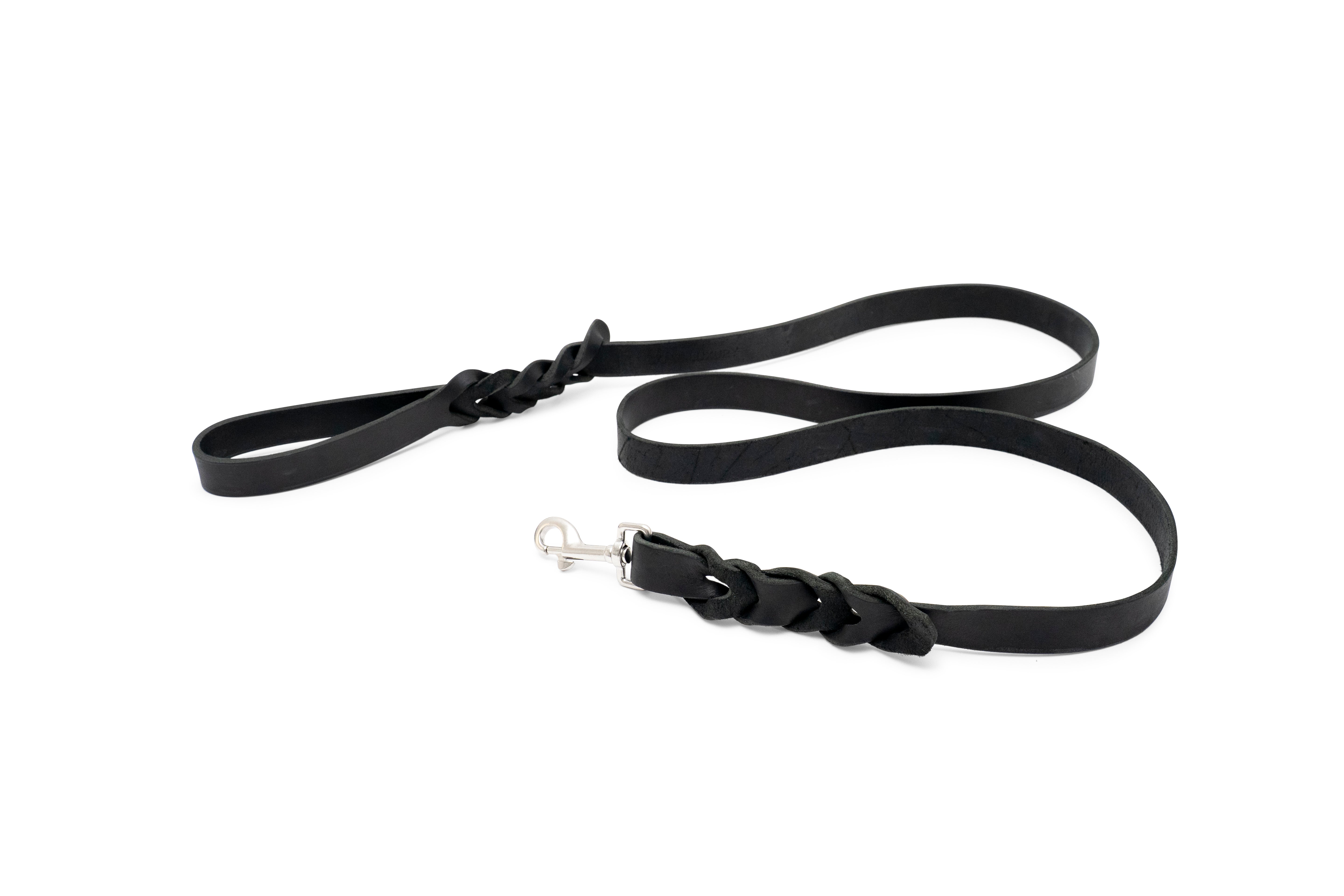 Handmade black full-grain leather dog leash by Canis Luxury with braided detail and stainless steel hardware.