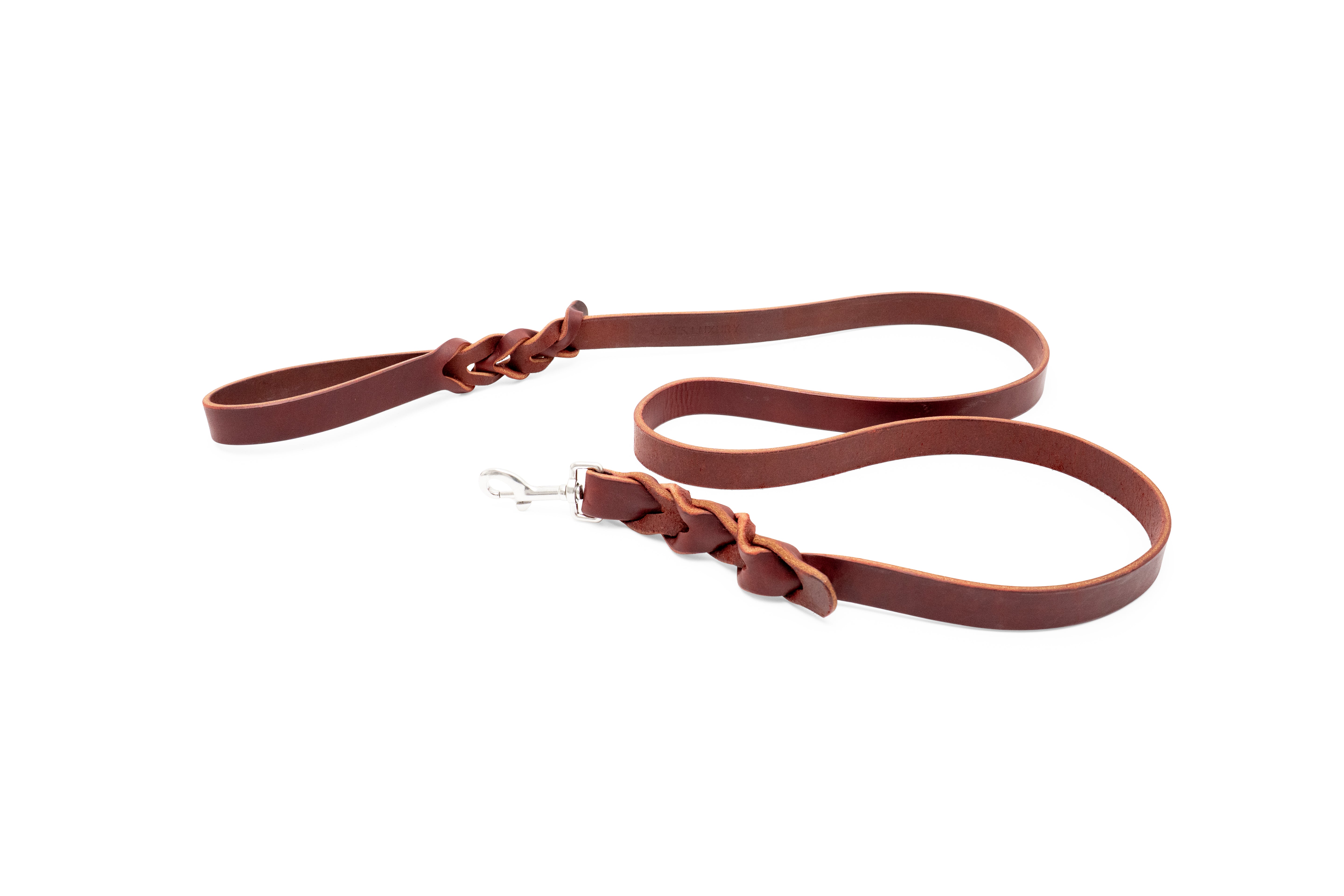 Burgundy handmade leather dog leash from Canis Luxury, crafted with full-grain CHAHINLEATHER® and stainless steel clasp.