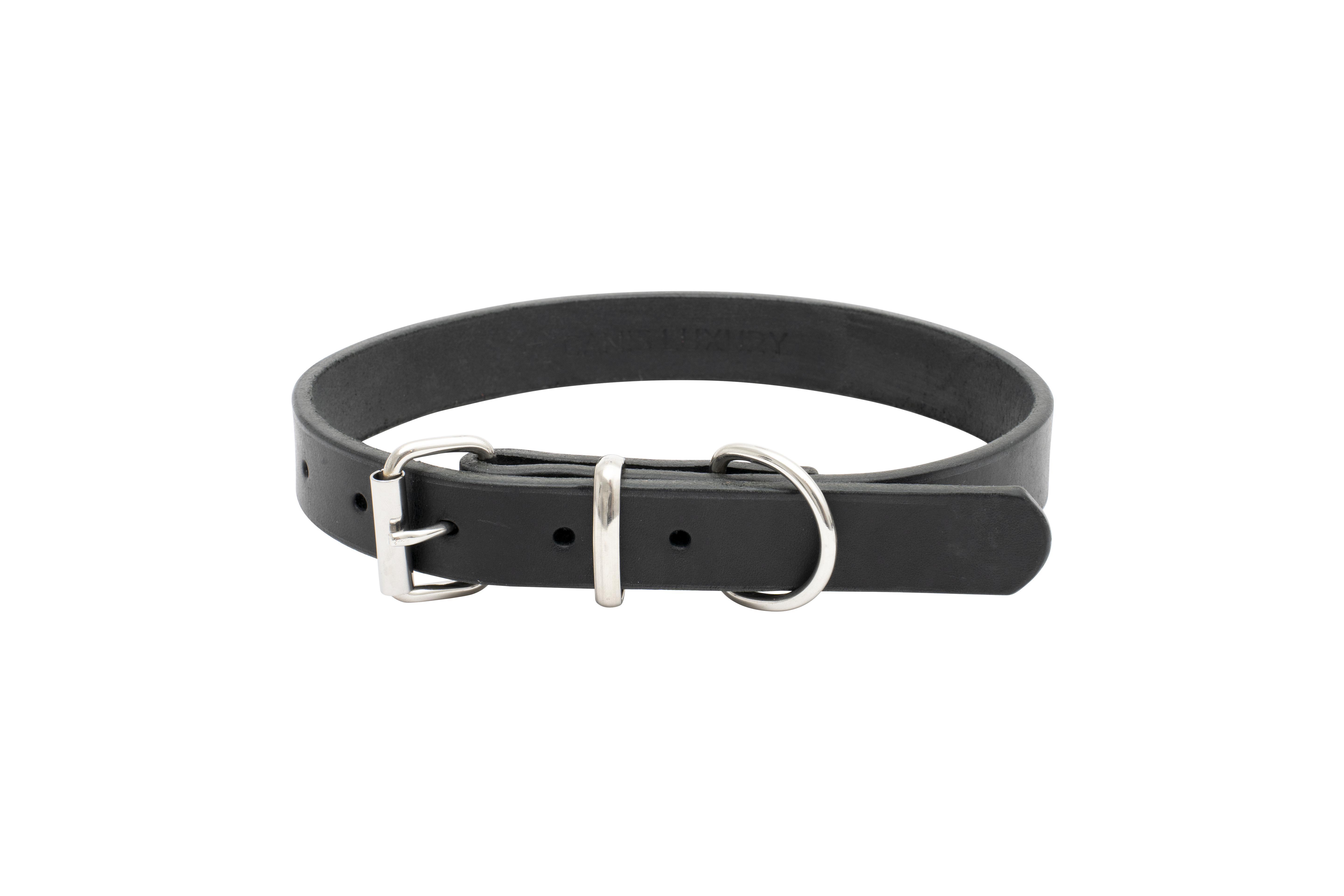 Handmade black full-grain leather dog collar by Canis Luxury with stainless steel hardware.