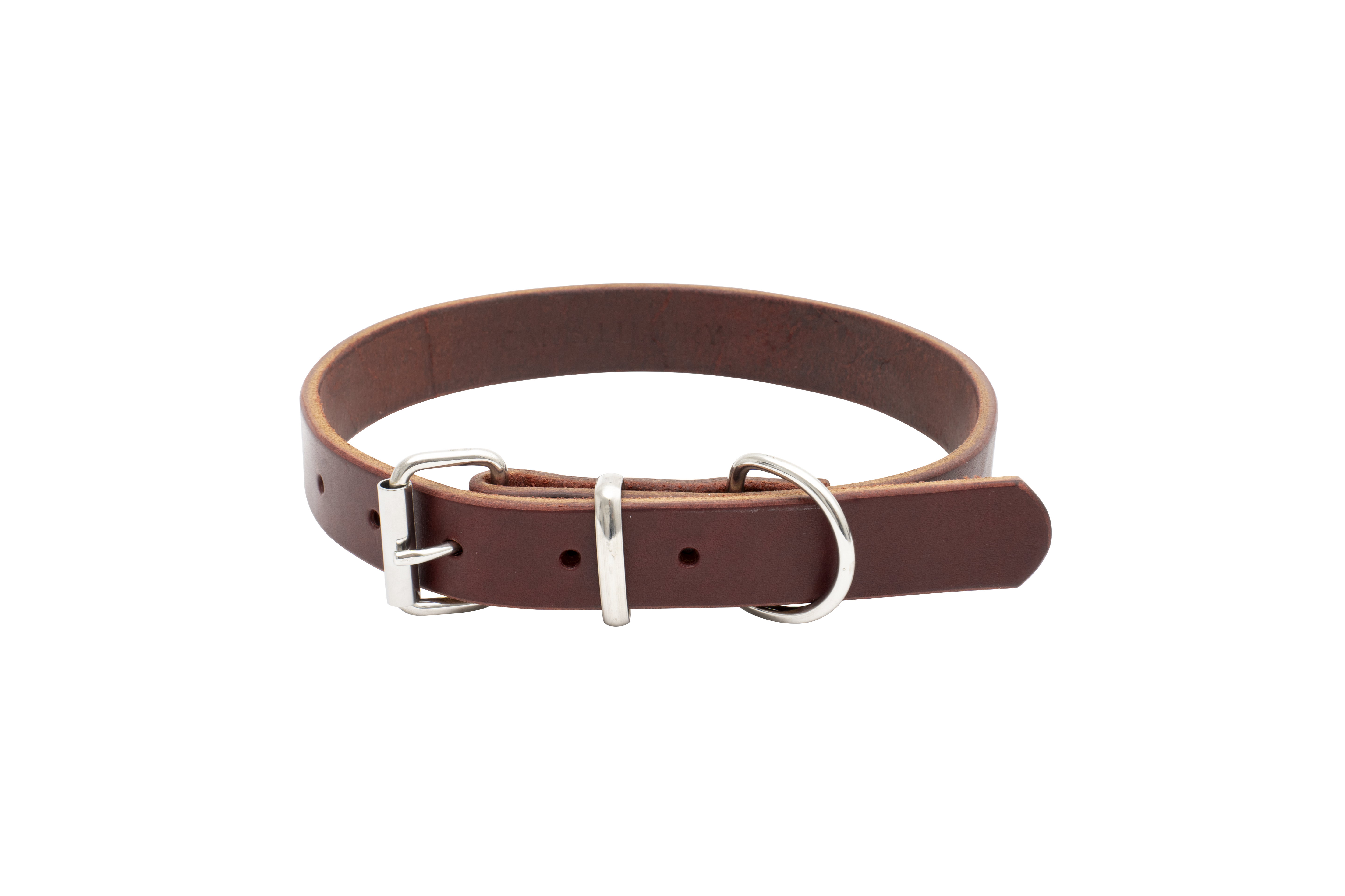 Burgundy premium full-grain leather dog collar from Canis Luxury with stainless steel buckle and D-ring.