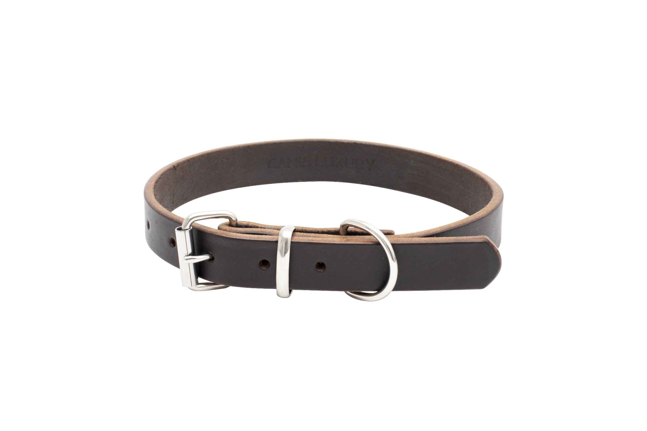 Dark brown full-grain CHAHINLEATHER® dog collar from Canis Luxury, handmade with rust-proof stainless steel.