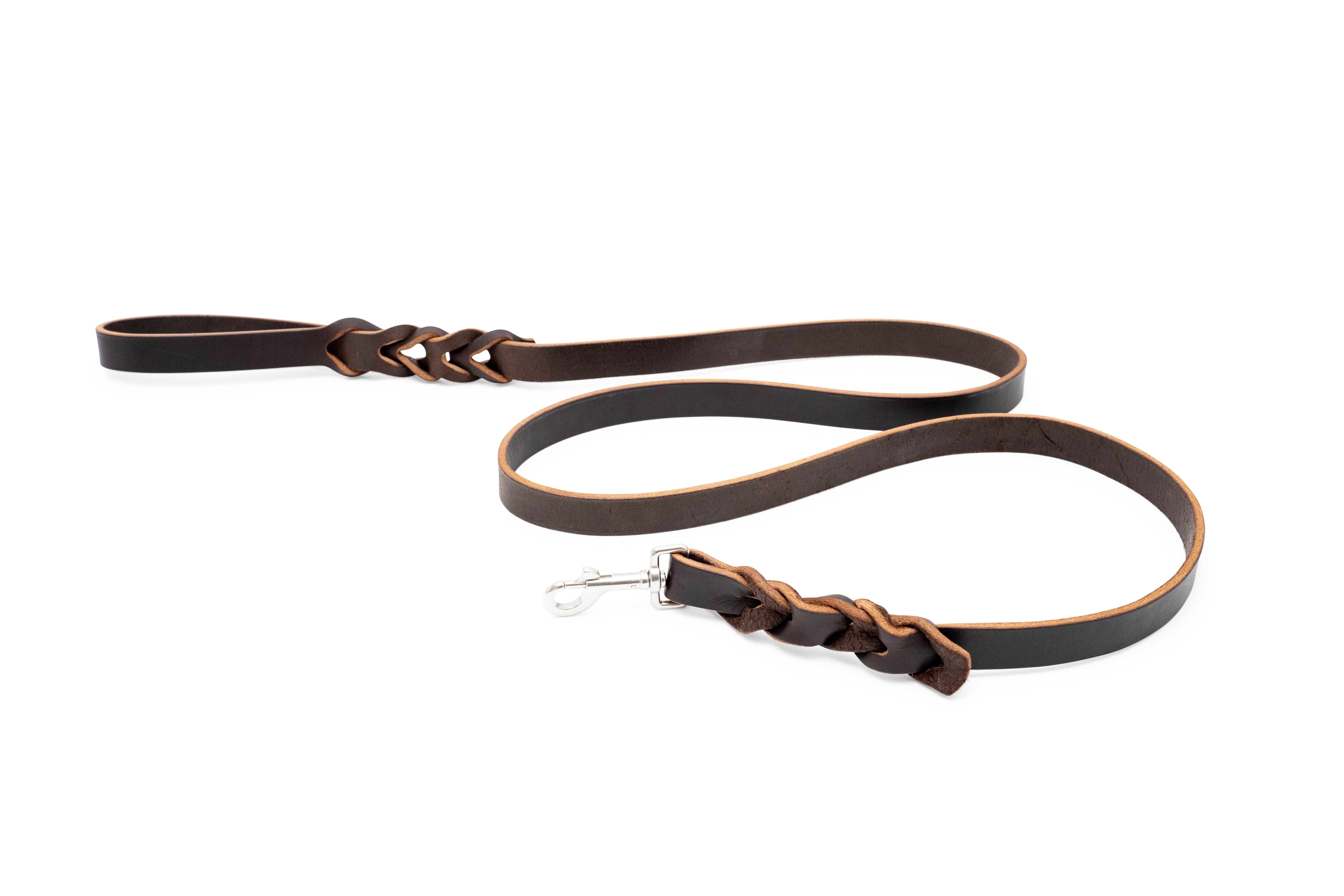 Canis Luxury dark brown full-grain leather dog leash with braided handle, premium CHAHINLEATHER®, and rust-proof hardware.
