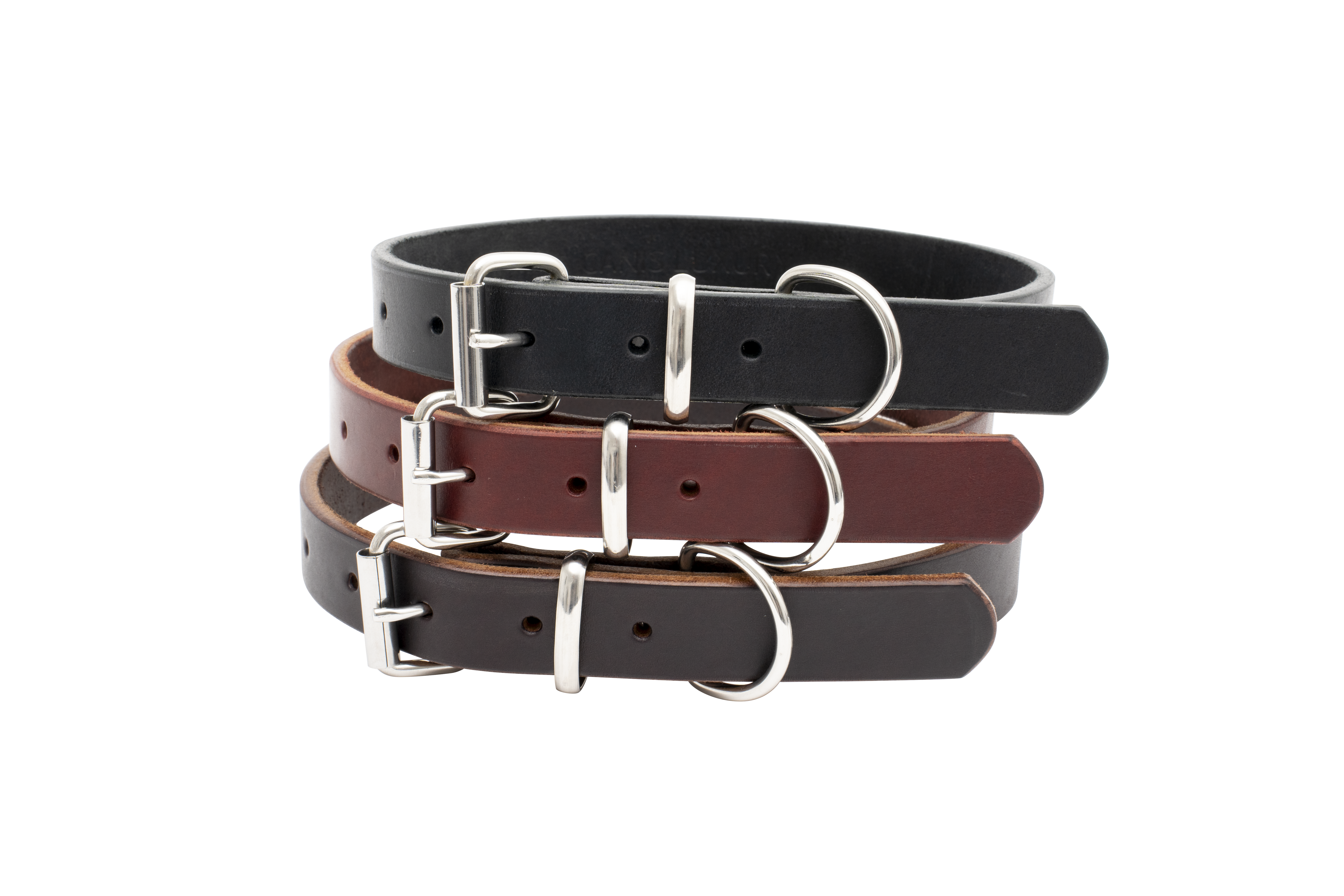 Canis Luxury premium full-grain leather dog collars in black, dark brown, and burgundy with stainless steel buckles.
