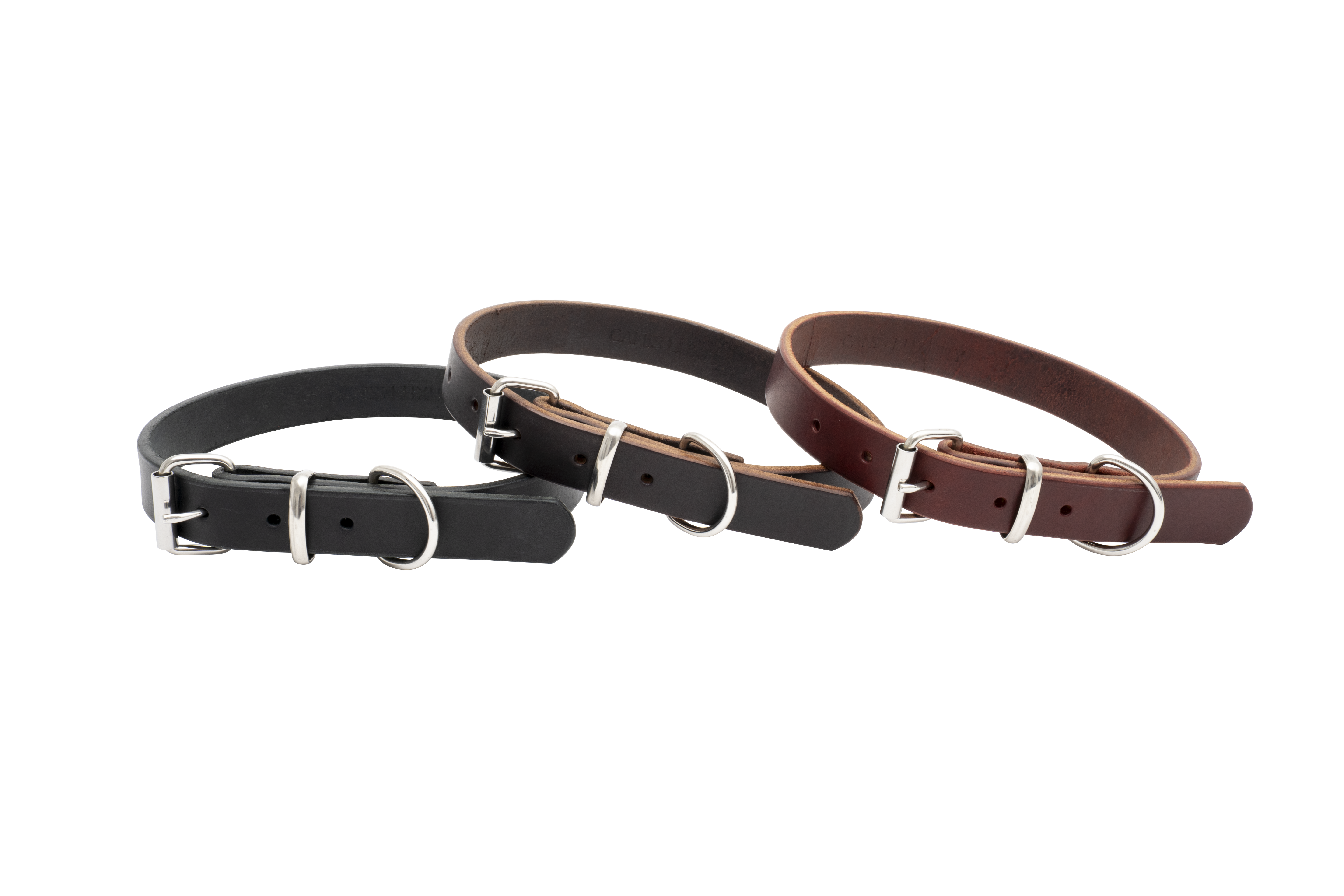 Canis Luxury handmade full-grain leather dog collars in black, dark brown, and brown with stainless steel hardware.